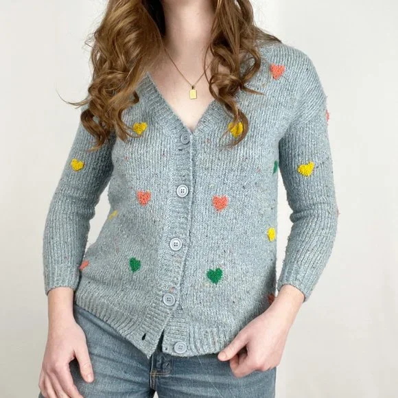 Vintage Hand Knit Embroidered Hearts Cardigan Sweater Cute Cozy Girly Handmade - Picture 4 of 8